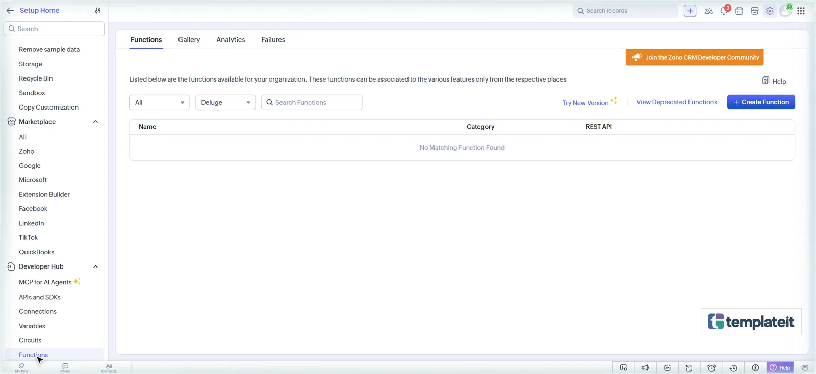 Zoho CRM Developer Hub Functions page with the Create Function button