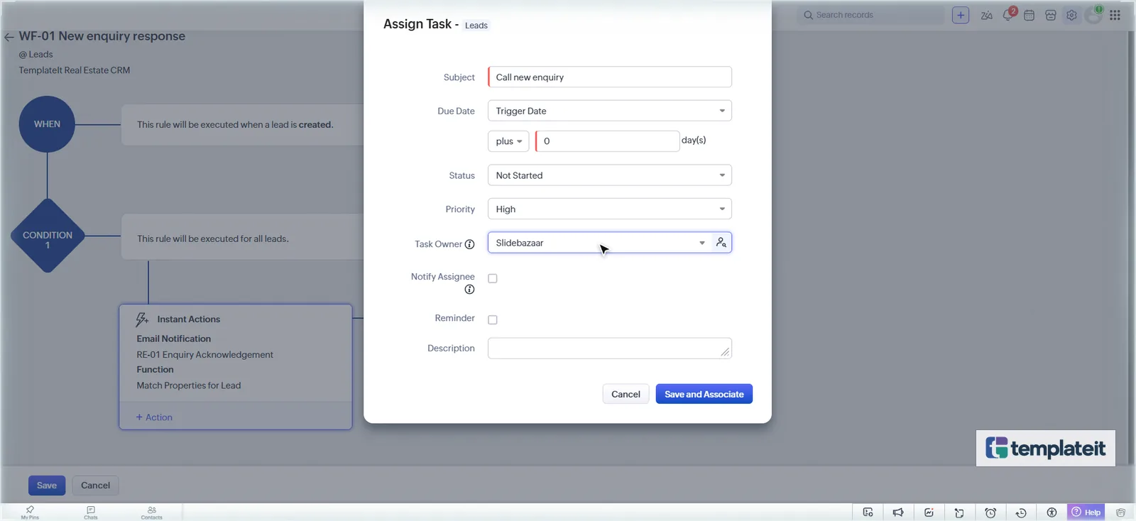 Zoho CRM workflow task Call new enquiry with high priority