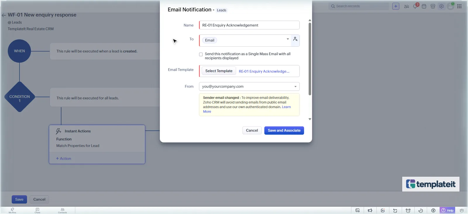 Zoho CRM email notification for the RE-01 Enquiry Acknowledgement template