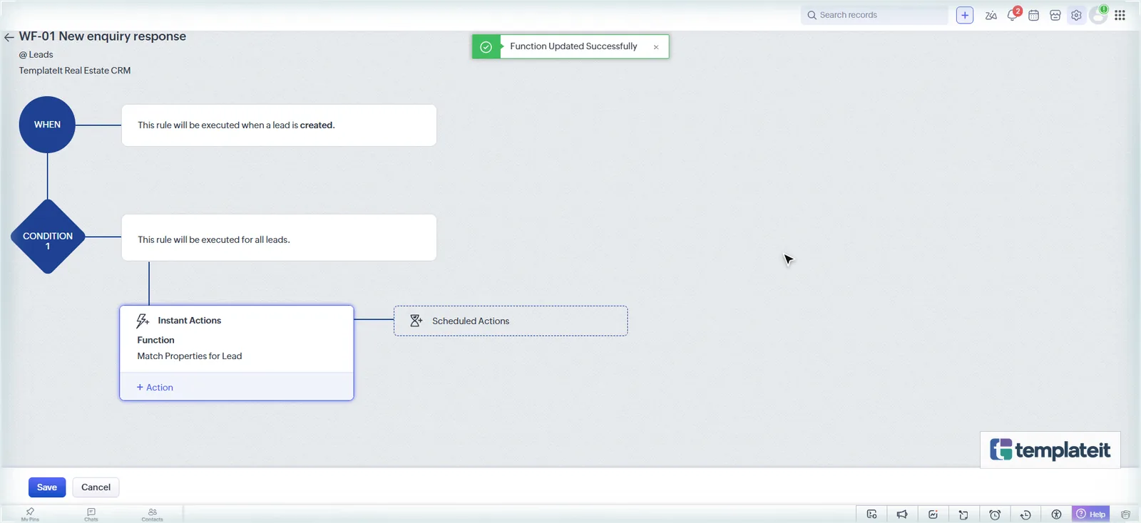 Zoho CRM workflow WF-01 with the Match Properties for Lead function attached