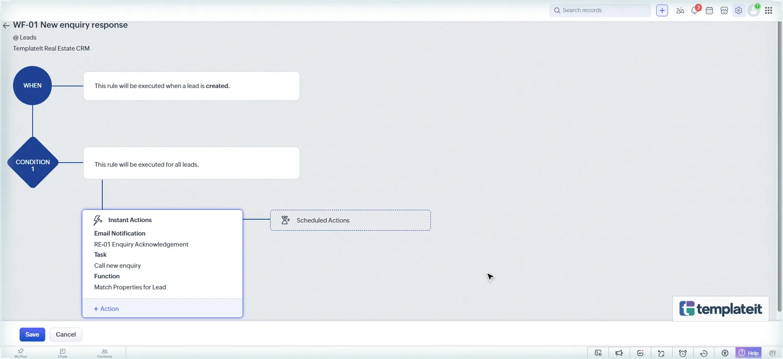 Completed Zoho CRM workflow WF-01 New enquiry response with email, task and function