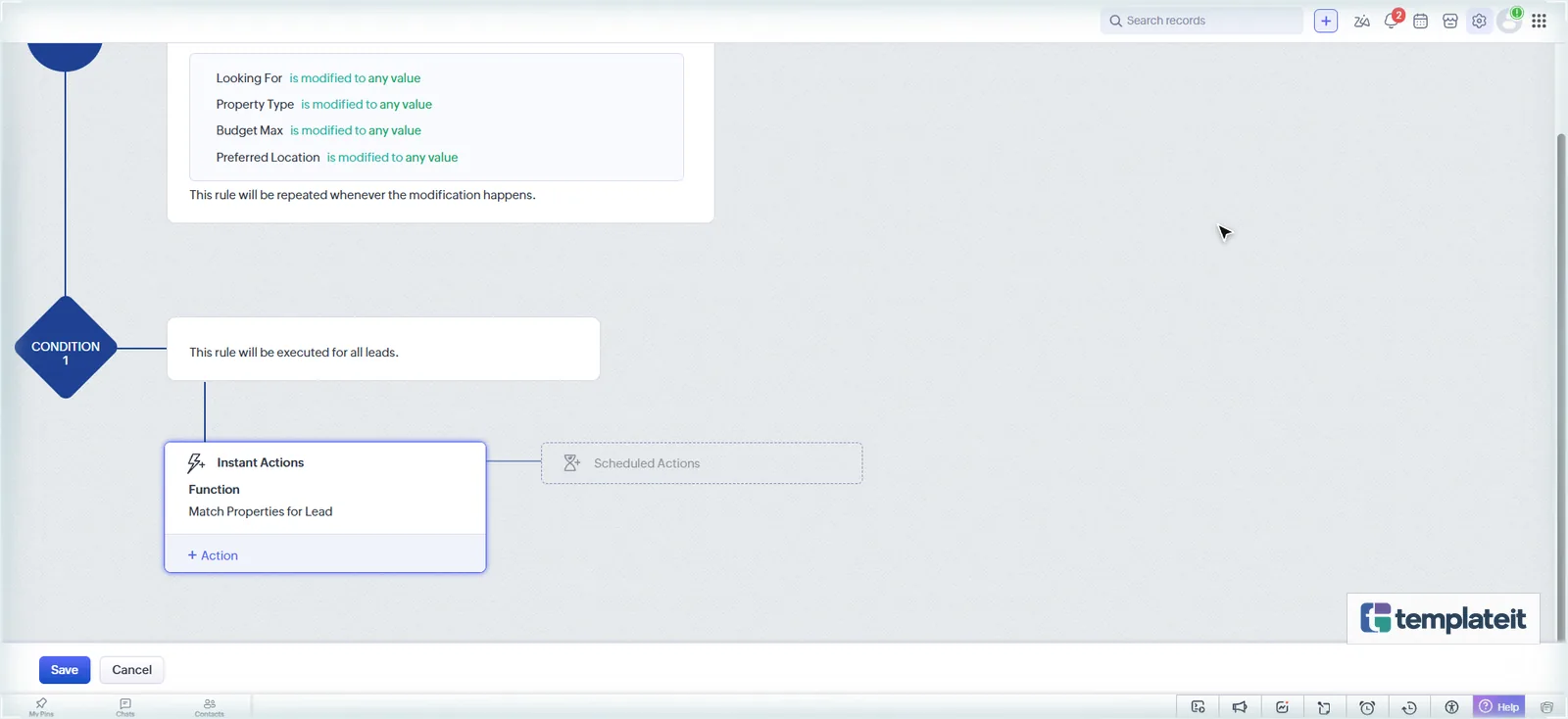 Completed Zoho CRM workflow WF-02 re-matching properties when lead requirements change