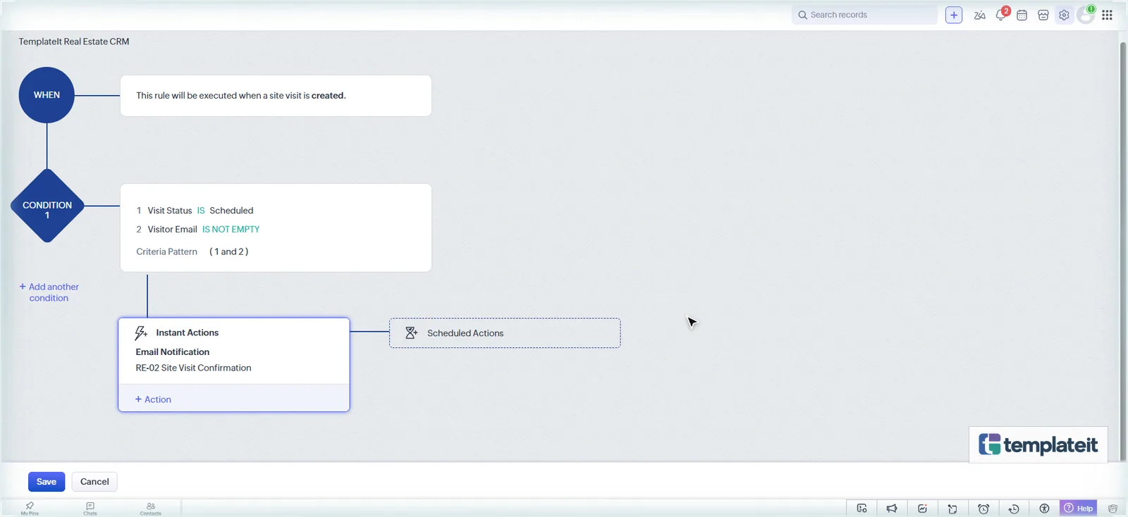 Completed Zoho CRM workflow WF-03 sending the site visit confirmation email