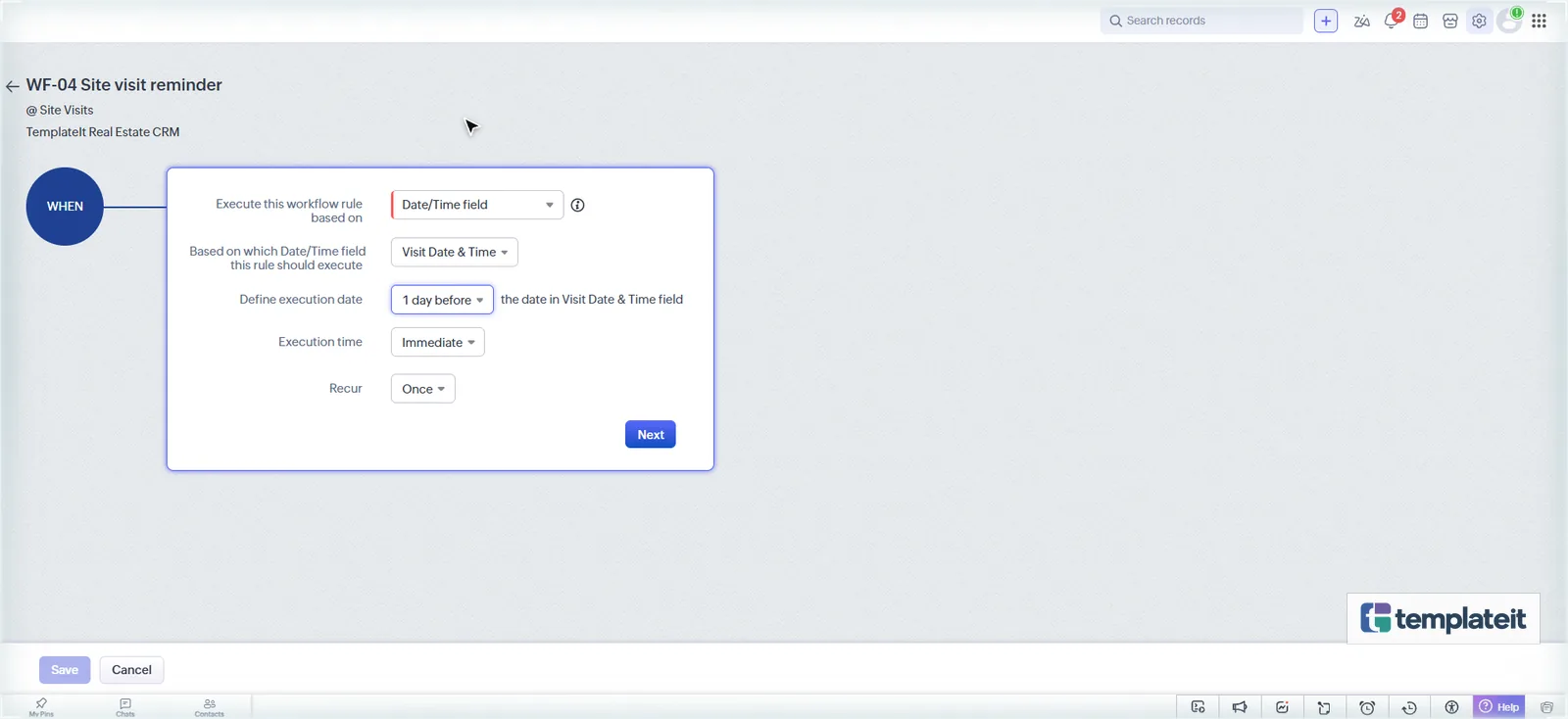 Zoho CRM date-time workflow trigger one day before Visit Date & Time