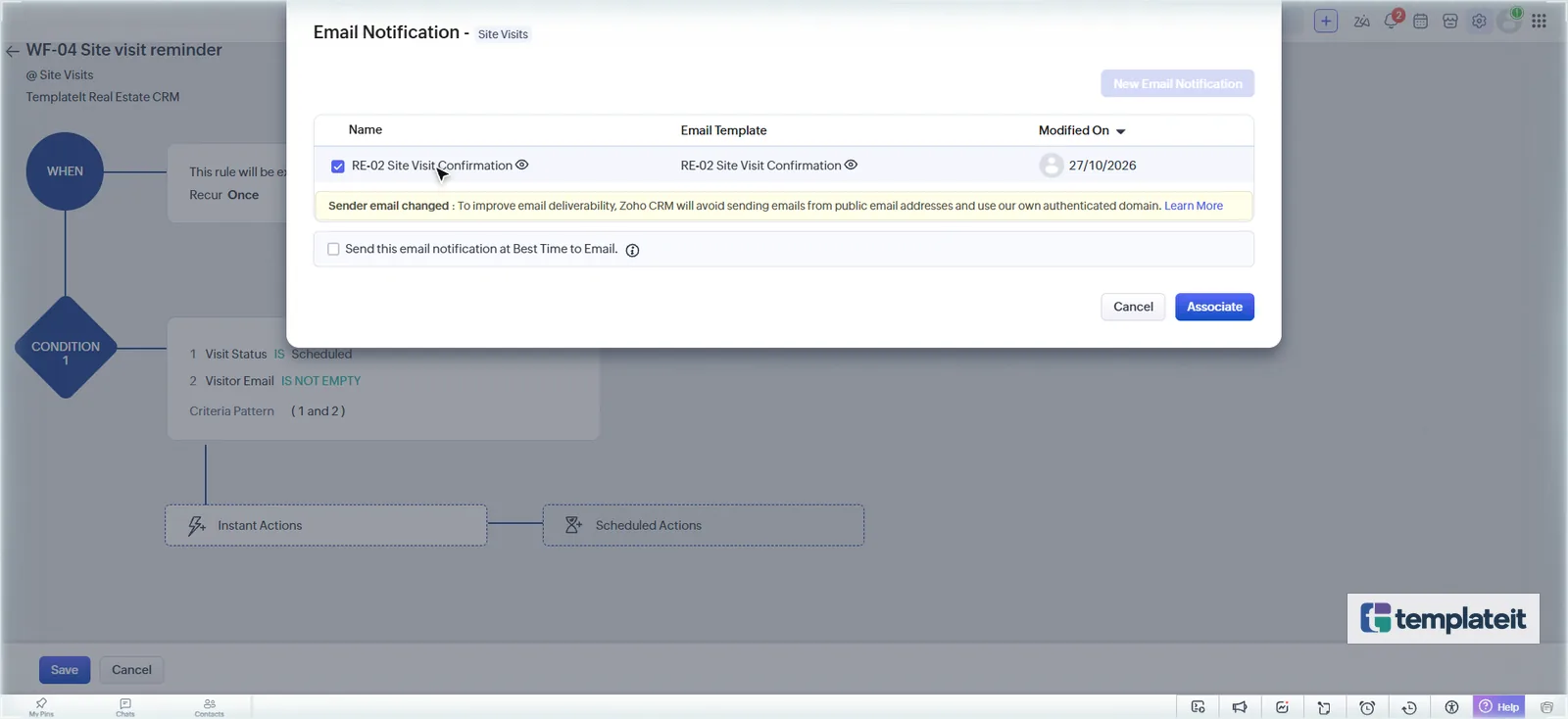 Reusing the RE-02 Site Visit Confirmation email notification in a Zoho CRM workflow
