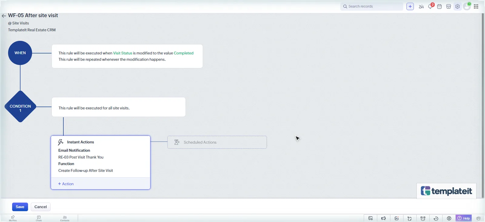 Completed Zoho CRM workflow WF-05 with the thank-you email and follow-up function