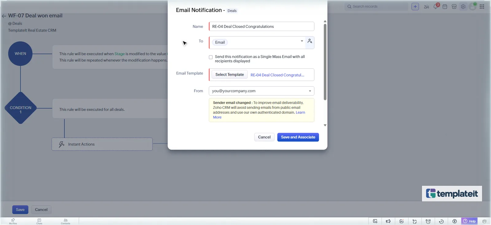Zoho CRM email notification RE-04 Deal Closed Congratulations sent to the contact email