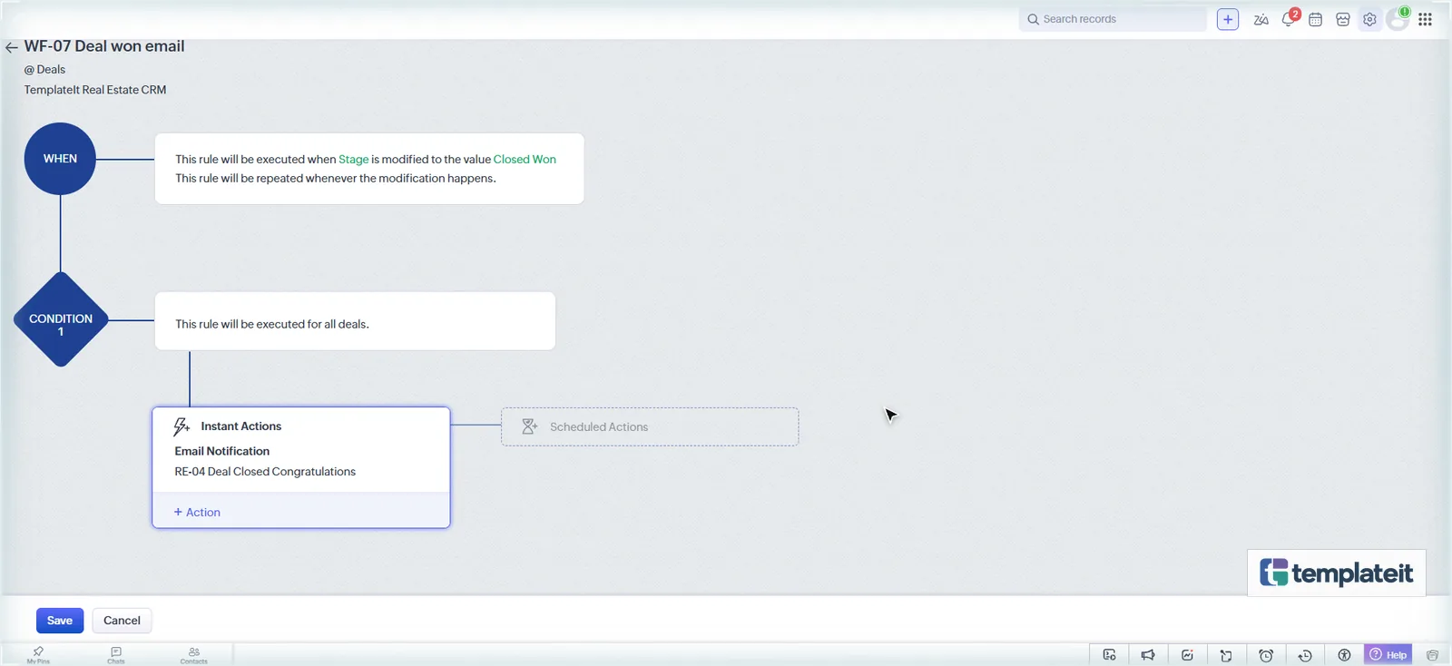 Completed Zoho CRM workflow WF-07 sending the deal won email on Closed Won