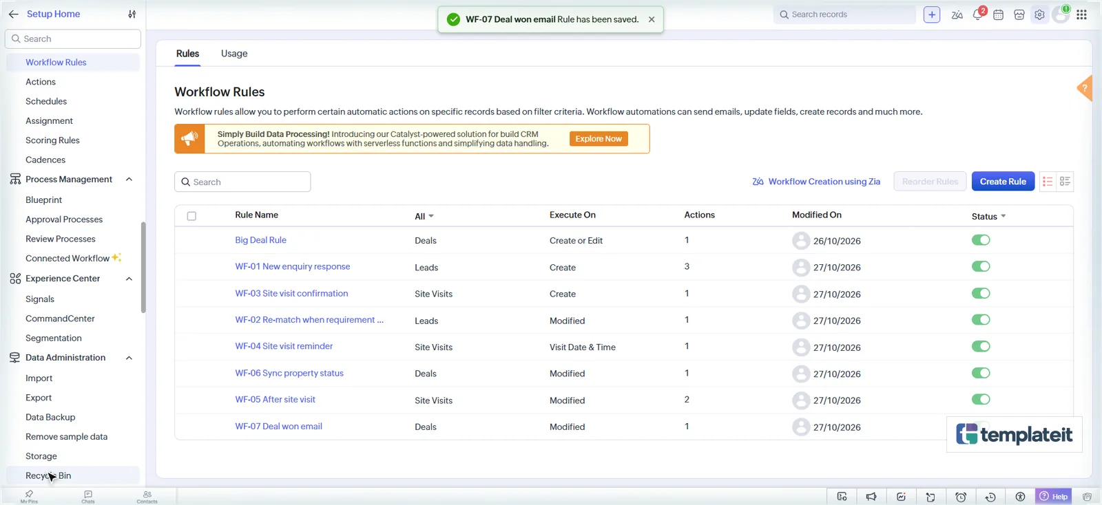 All seven real estate workflow rules active in Zoho CRM