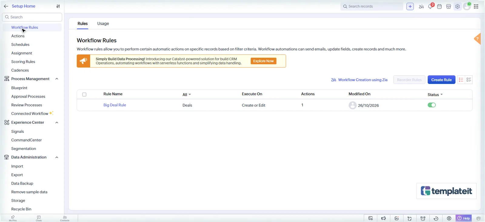 Zoho CRM Workflow Rules page with the Create Rule button