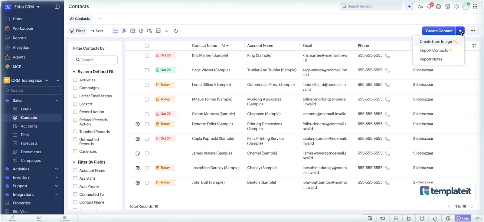 Zoho CRM Contacts Create menu with the Import Contacts option