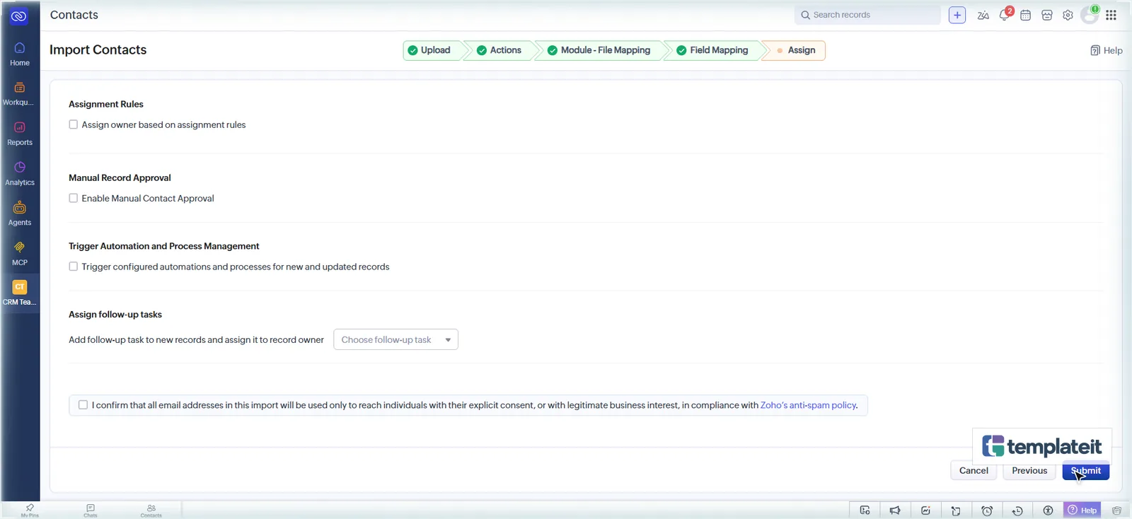 Zoho CRM import assign step with Trigger configured automations unticked