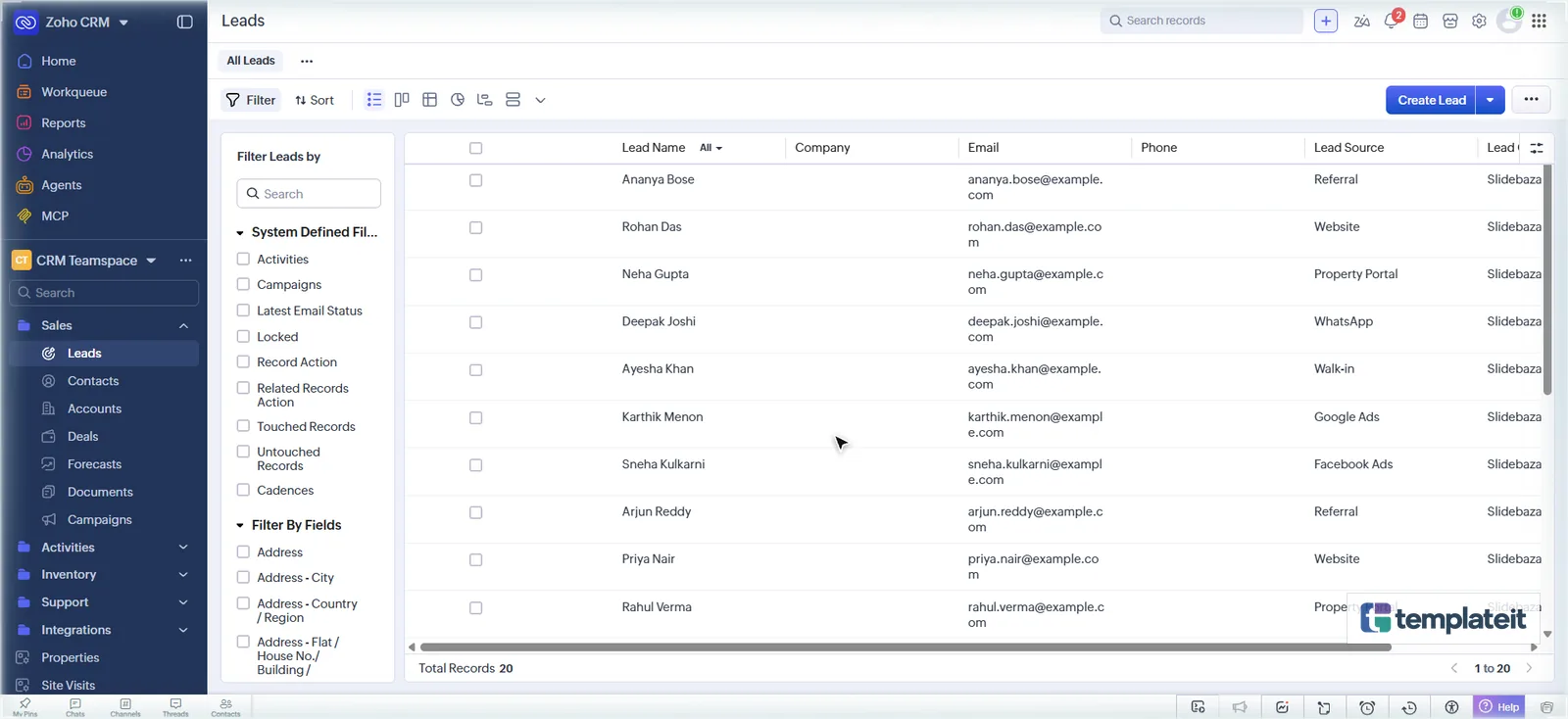 Sample real estate leads imported into Zoho CRM