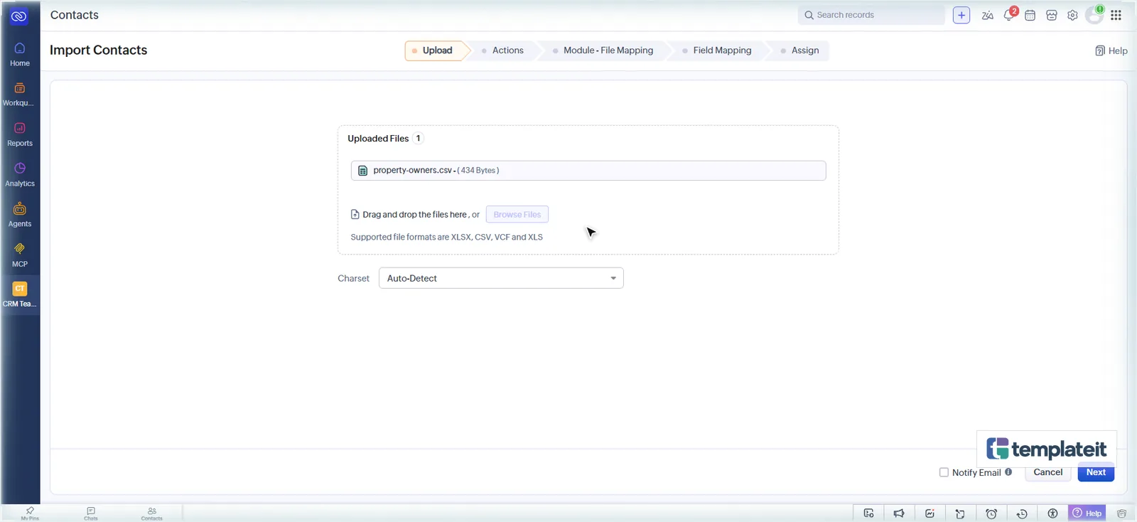 Uploading the property owners CSV file in the Zoho CRM import wizard