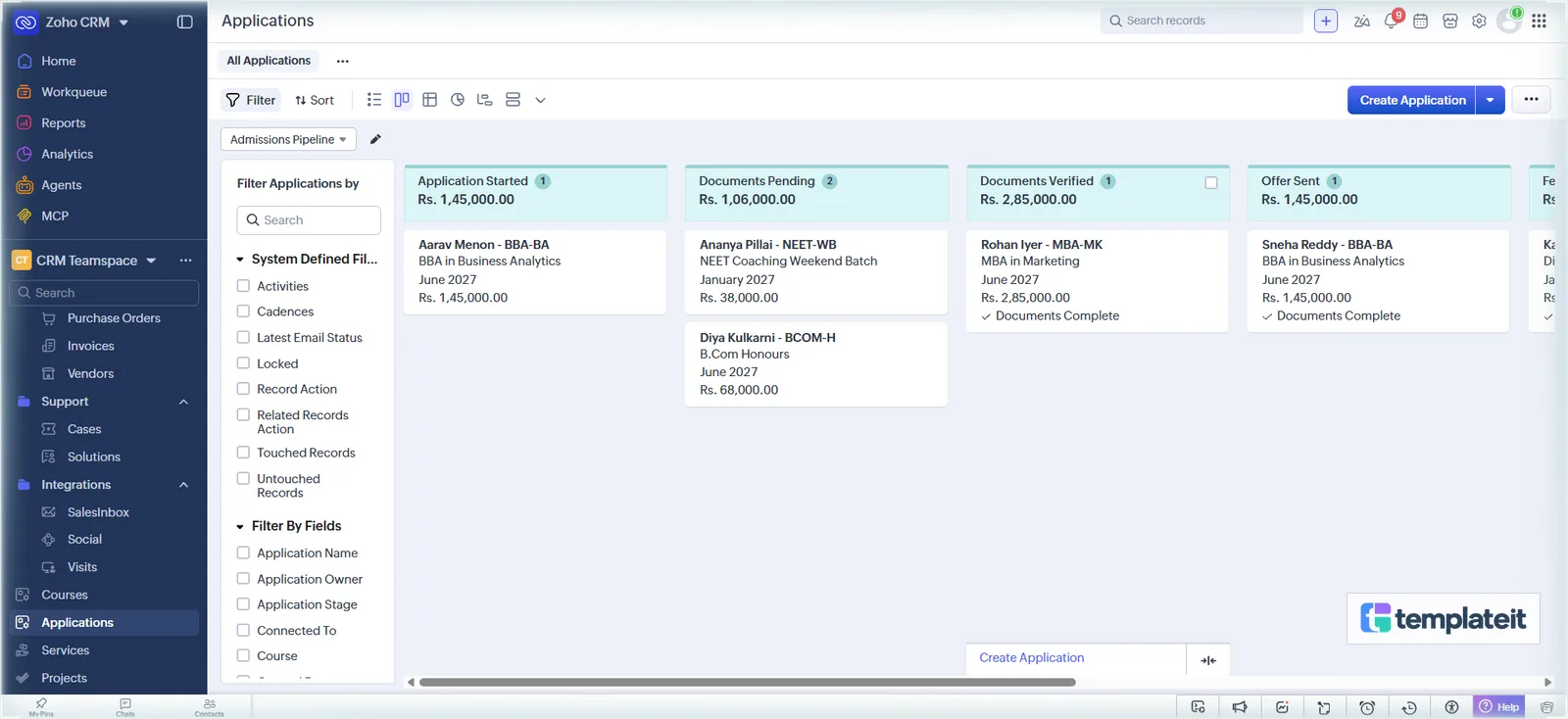 The admissions pipeline as a Kanban board in Zoho CRM