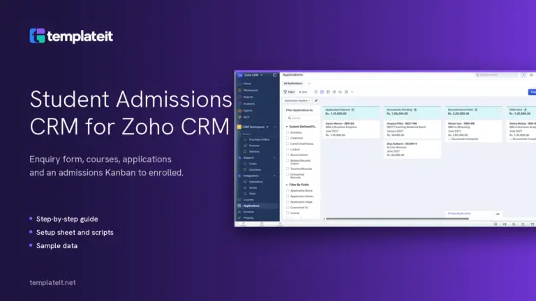 Student Admissions CRM template for Zoho CRM showing the admissions pipeline Kanban by stage