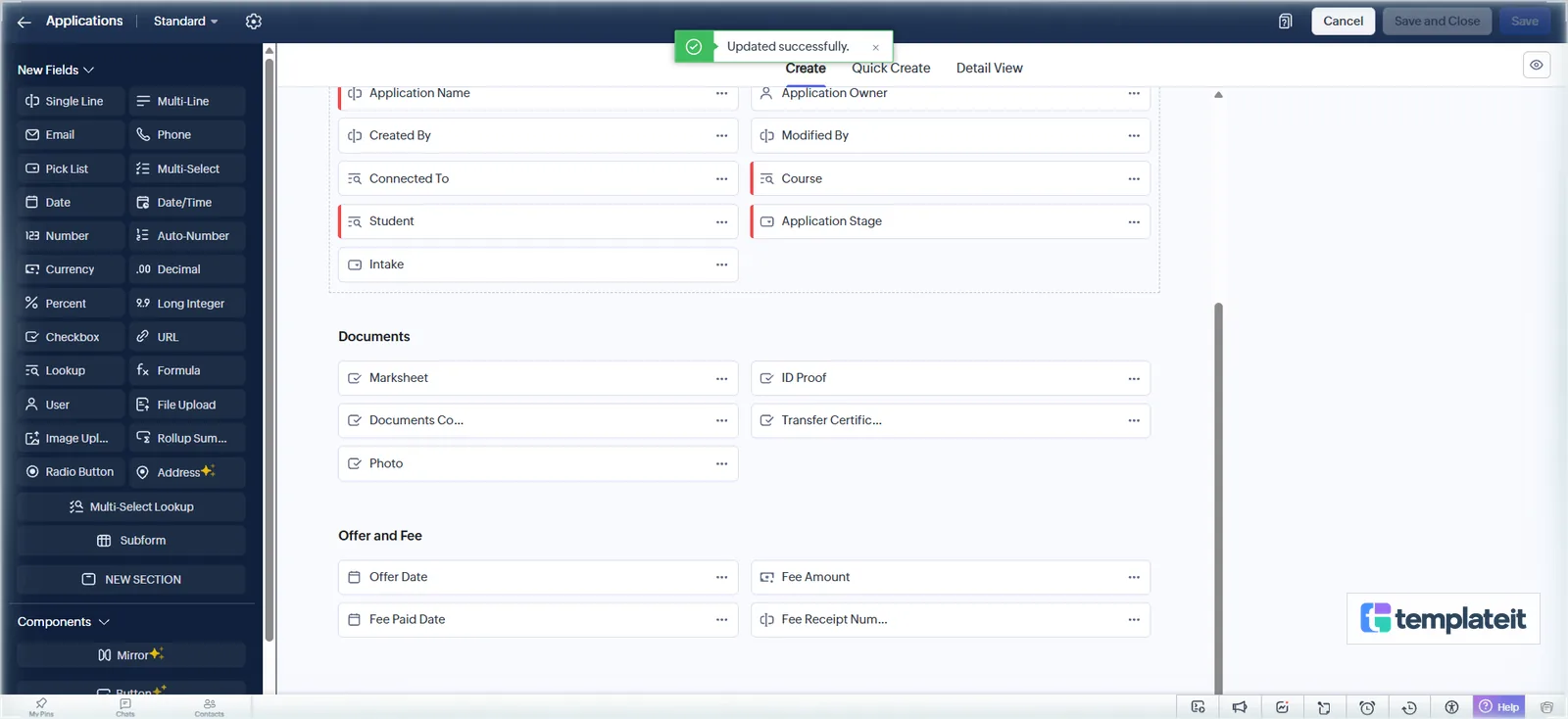 Applications layout with the Documents and Offer and Fee sections