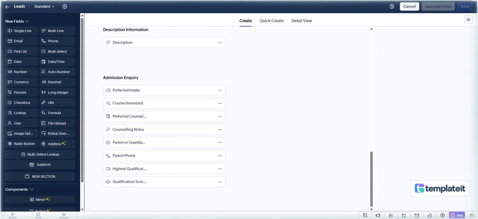 The Admission Enquiry section on Leads