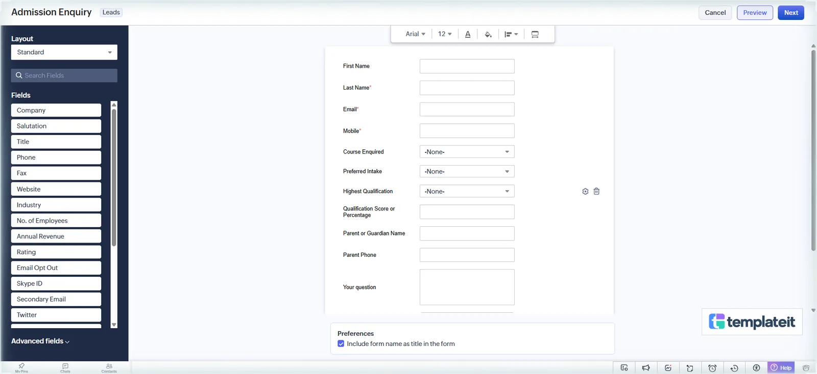 The finished Admission Enquiry form