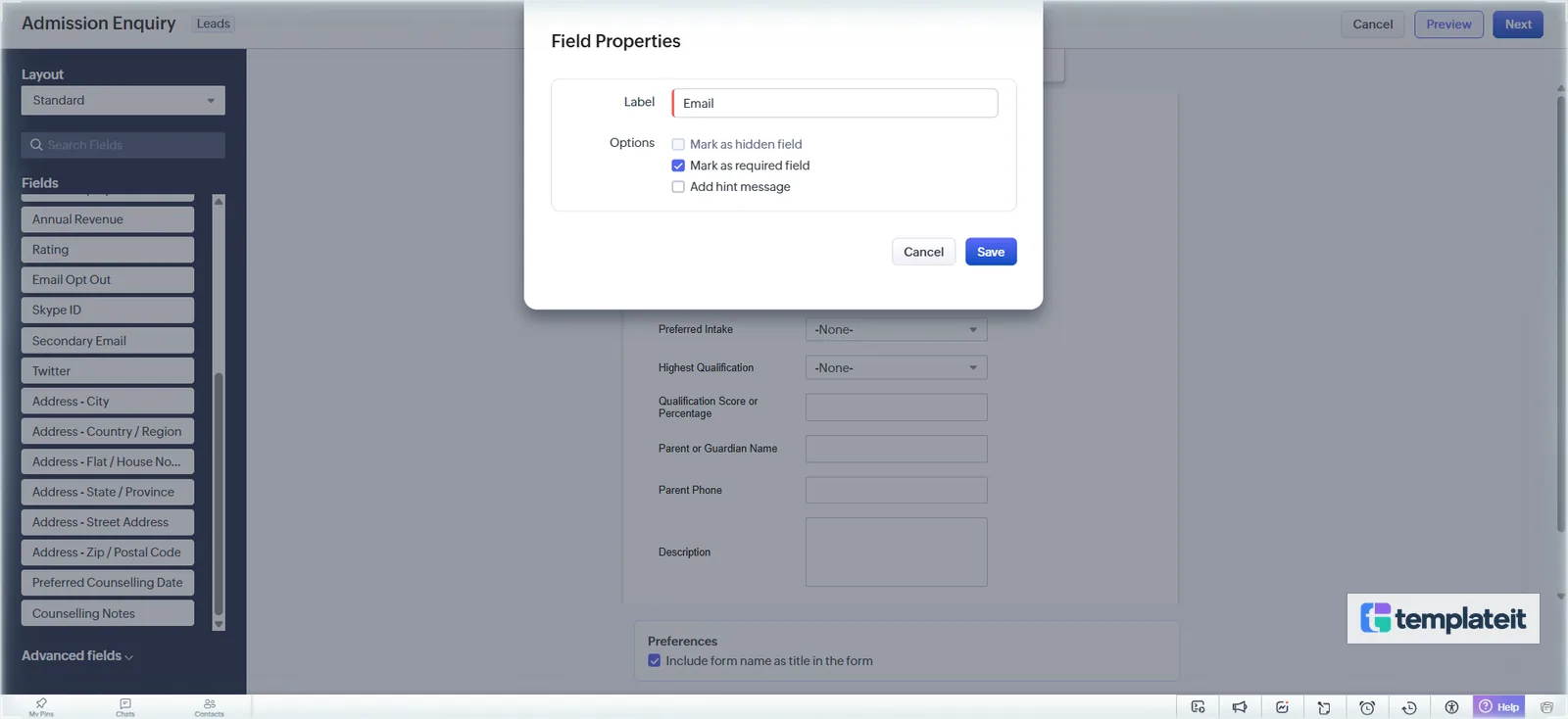 Making Email required on the form