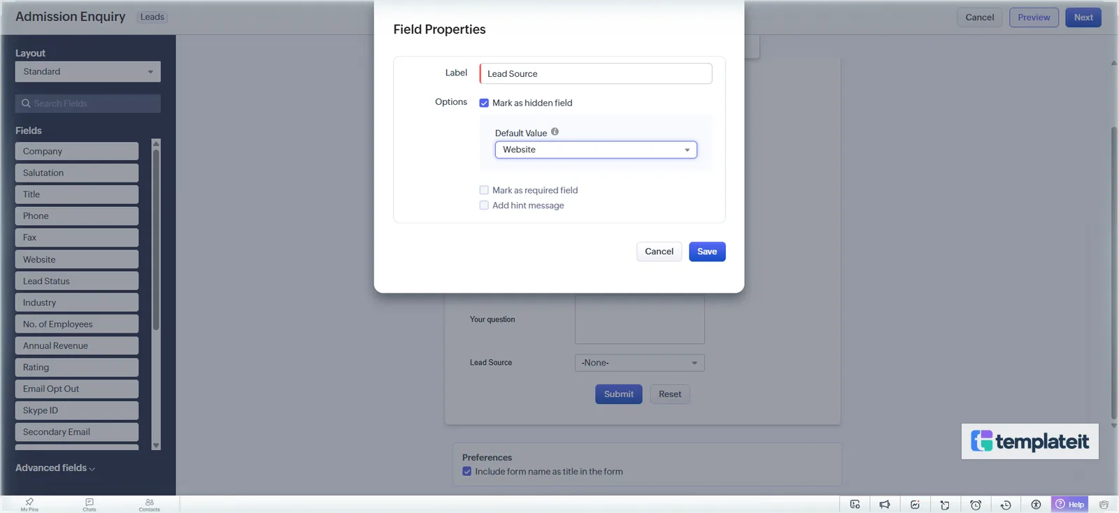Lead Source hidden with the value Website
