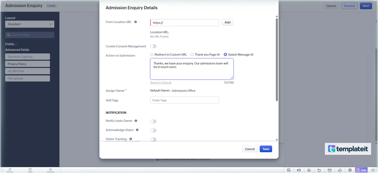 Form settings with the splash message