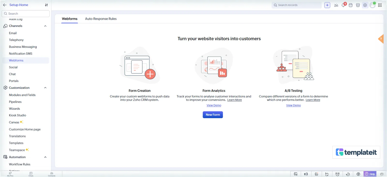The Webforms page with New Form