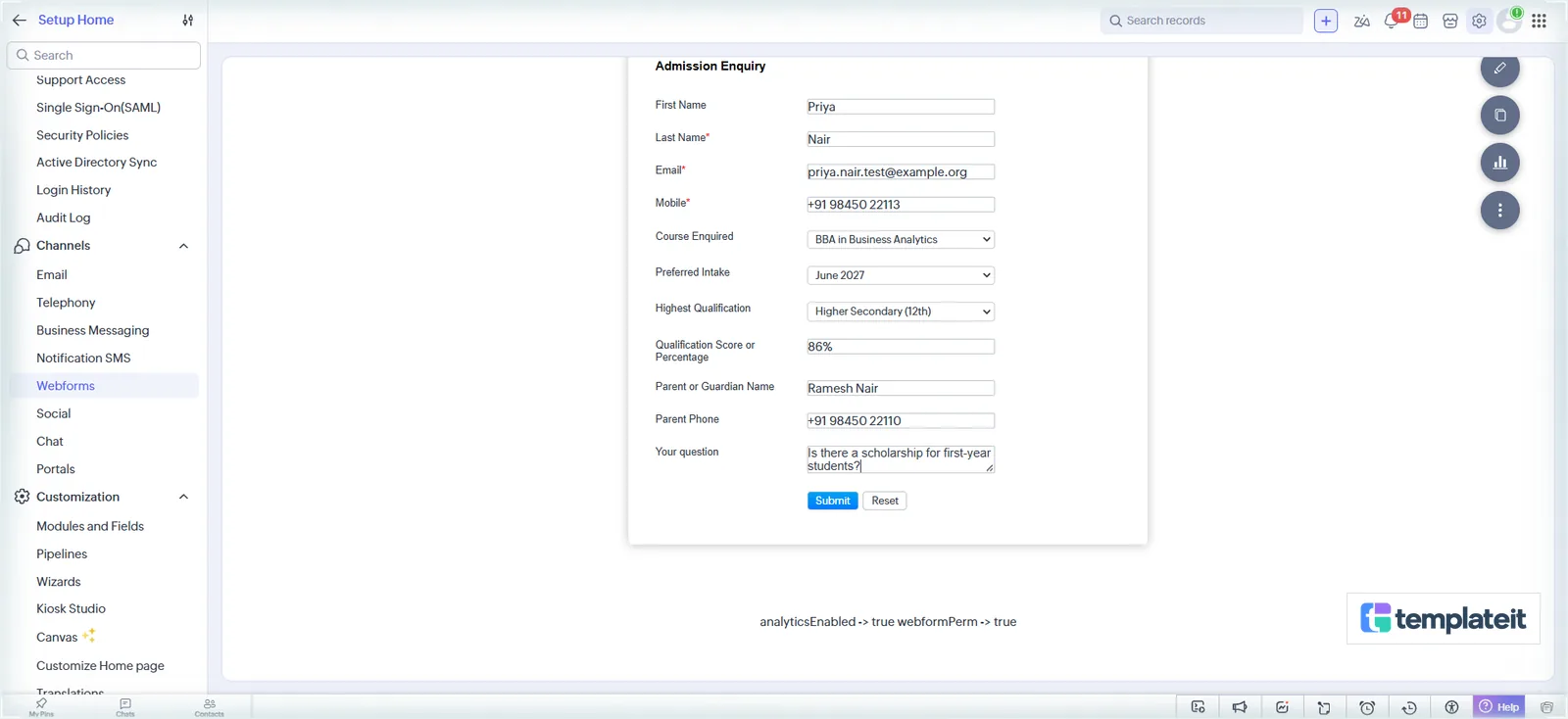 A test enquiry on the form